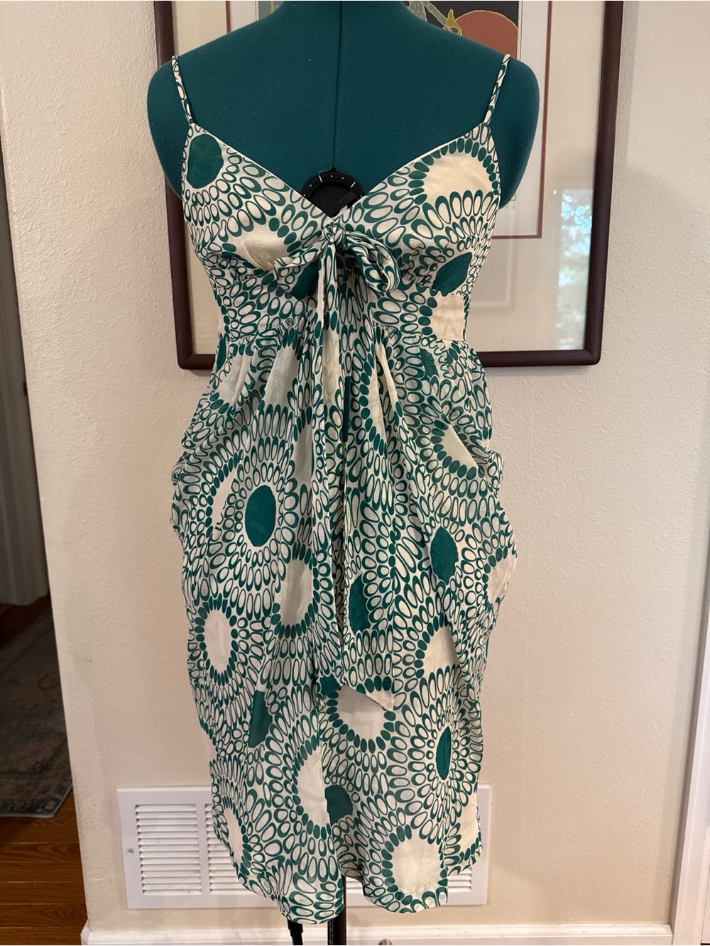 Trina Turk White and Teal Printed Spaghetti Strap Dress